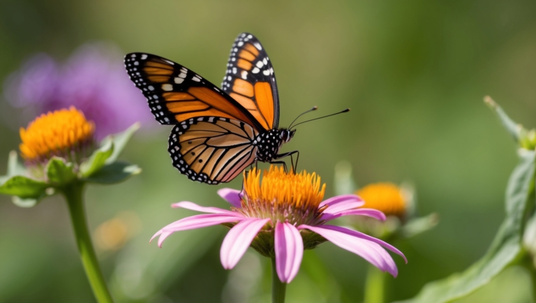Butterfly perched on a purple coneflower in a garden, surrounded by lush greenery and blooming flowers.