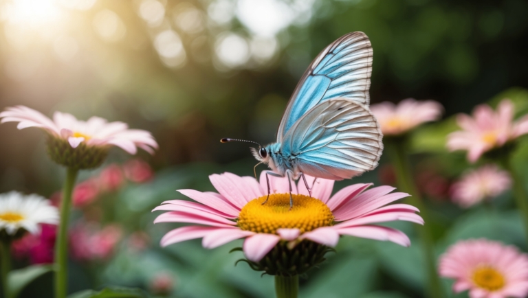A blue and white butterfly sits on a pink flower in a bright garden with a blurred background, creating a serene scene.