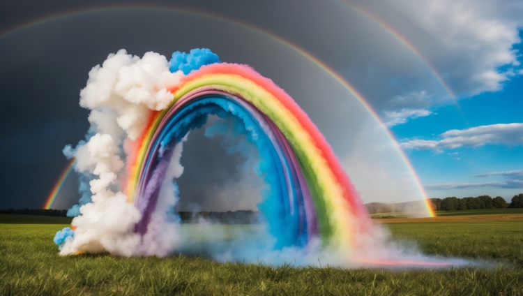A smoke-formed rainbow arch with clouds at its ends, a double rainbow in the background, and green grass beneath.