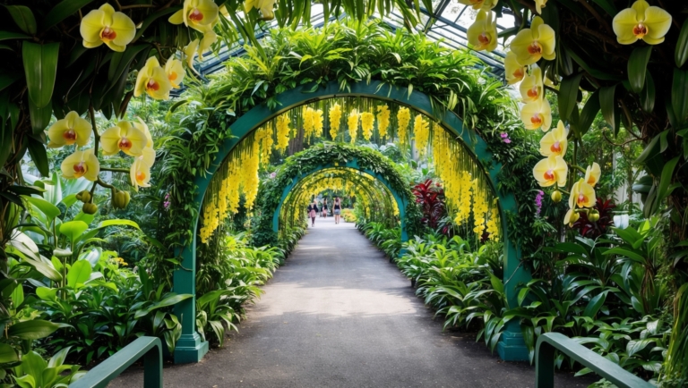 free ai botanical garden flower tunnel pathway nature landscape image