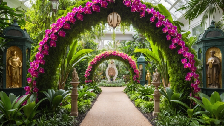 A beautiful archway of greenery and orchids, with statues on each side, leading to an indoor garden filled with flowers.