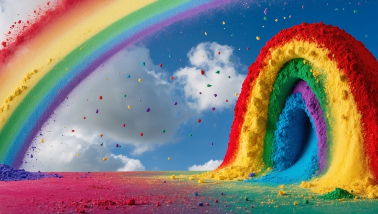 A powdery rainbow in the sky with colorful dust falling, creating a vibrant and dreamy scene against a blue background.