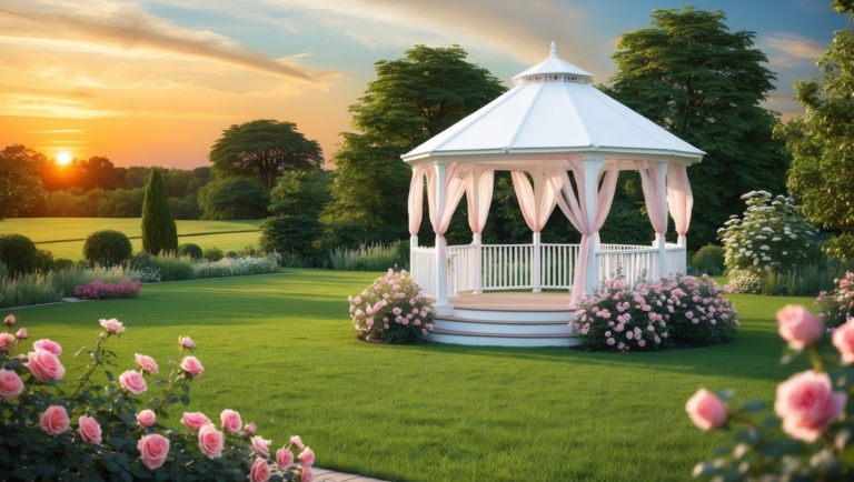 White gazebo with pink curtains in a garden, surrounded by roses and grass, under a golden sunset.