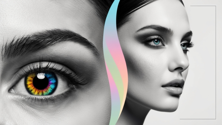 Split-screen image of a black and white eye on the left and a colorful woman's face with rainbow eyes on the right.