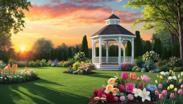 free ai garden gazebo surrounded by flowers at sunset nature landscape image