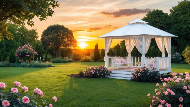 White gazebo with sheer curtains in a rose garden at sunset, with a wooden bench and warm sky colors.