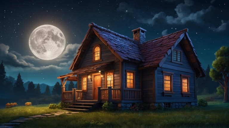 Cartoon countryside house at night with warm lights, a full moon, and a blue sky with clouds.