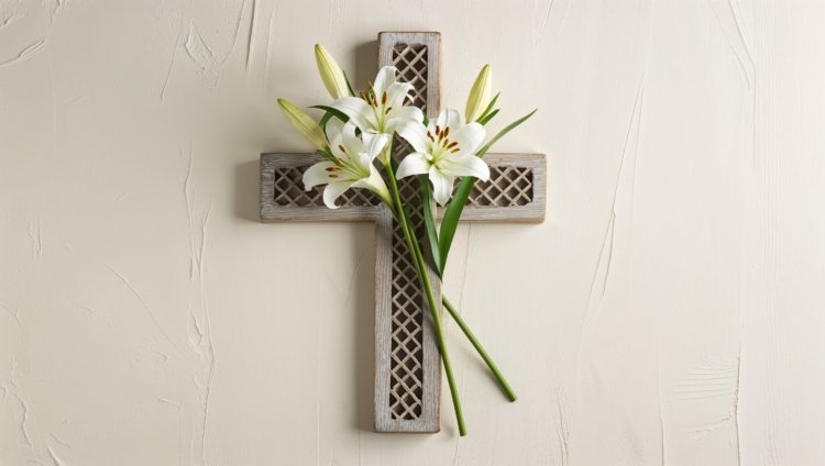 Rustic wooden cross with intricate carvings, isolated on a cream background, captured in professional studio lighting.