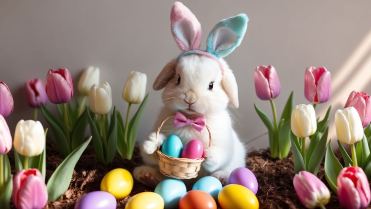 Fluffy white rabbit with pastel Easter eggs in a basket, pink bow tie, and striped ears, sitting among tulips.