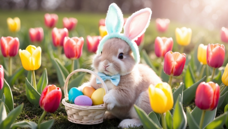 Easter bunny with blue bow tie holding a basket of colorful eggs, sitting in a tulip field on Easter.