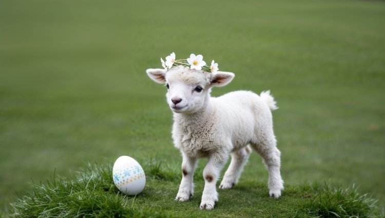 Cute lamb with a floral wreath standing near an Easter egg on green grass, perfect for Easter celebrations.