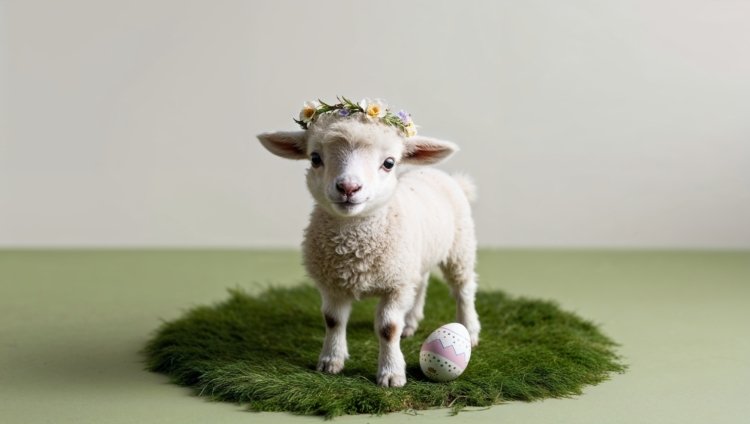 Minimalistic illustration of a cute lamb with a floral wreath standing in grass near an Easter egg.