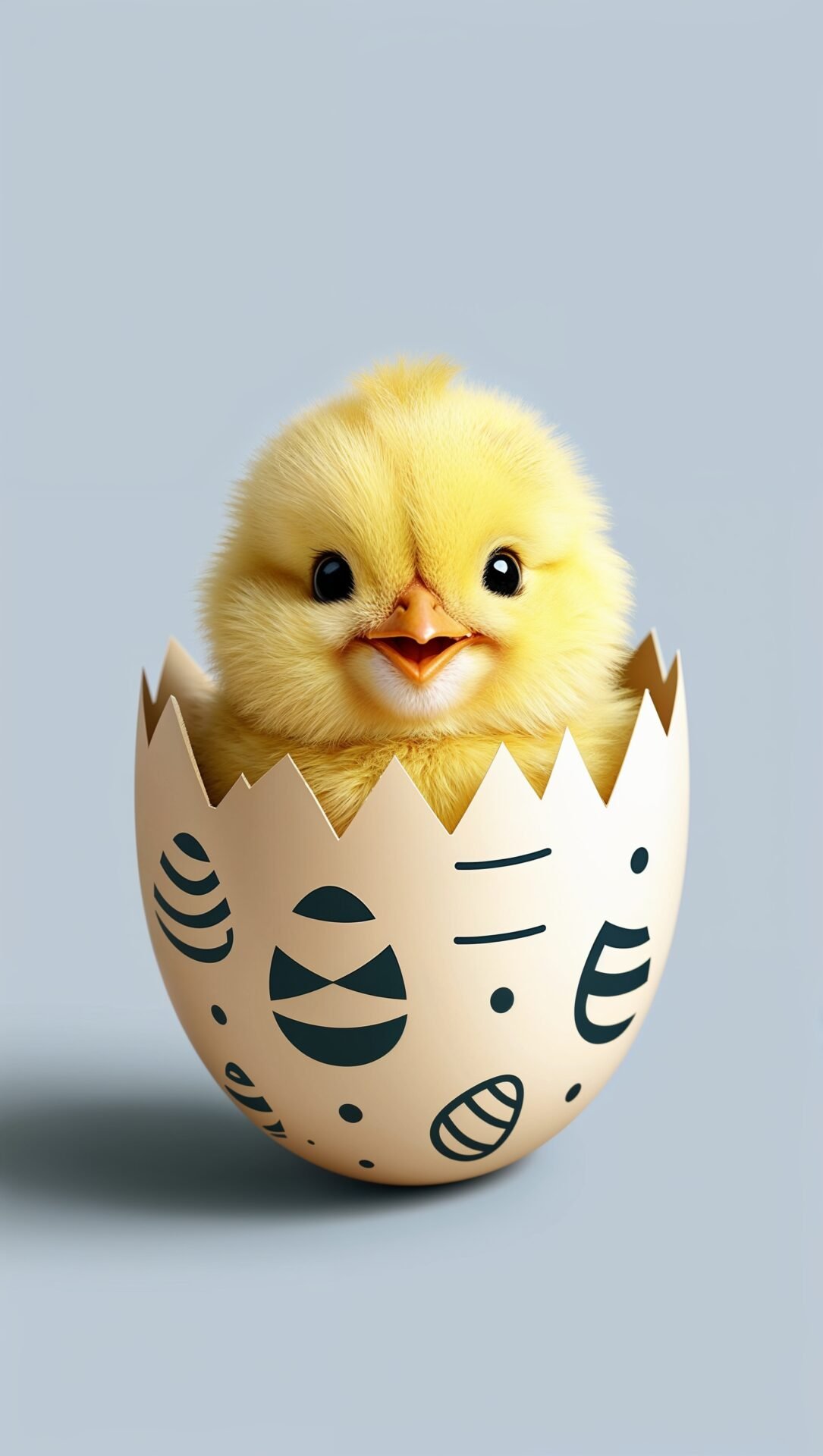 Realistic high-definition photo of a yellow chick hatching from a patterned Easter egg with a detailed background.