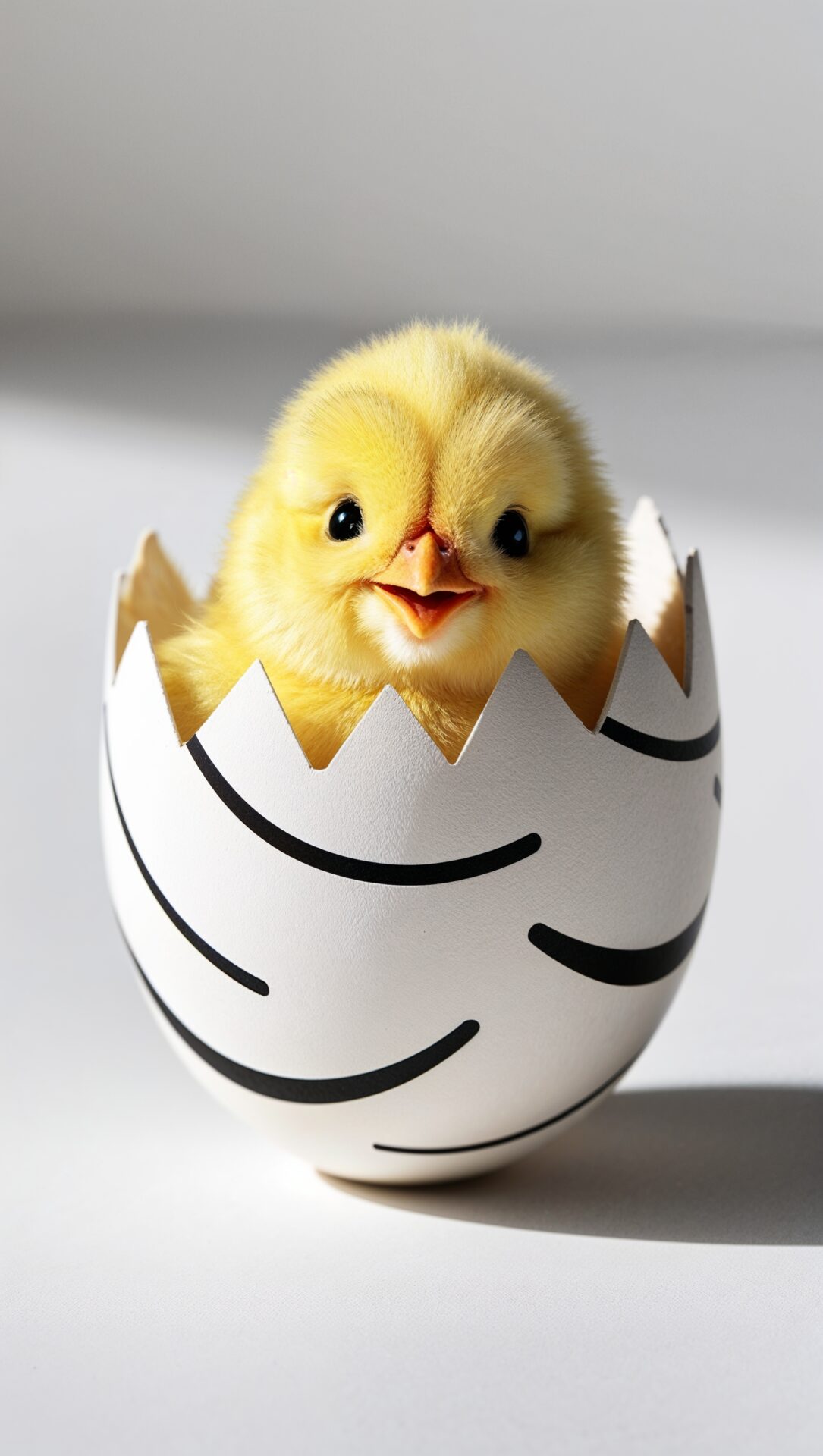 Yellow chick in an eggshell with black stripes on a white background, ideal for Easter-themed artwork or wallpaper.