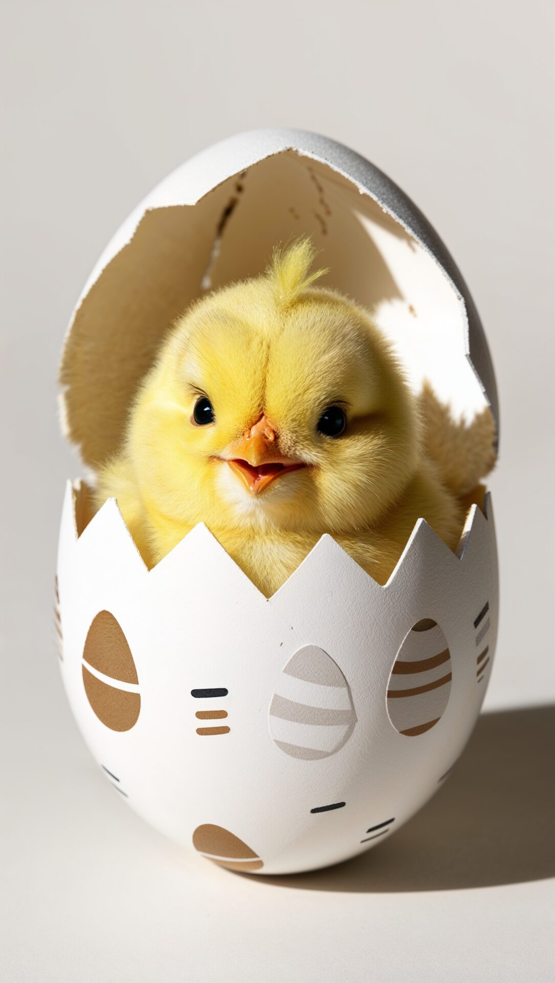 Yellow Easter chick inside an egg on a white background with soft beige tones, conveying a happy Easter mood.