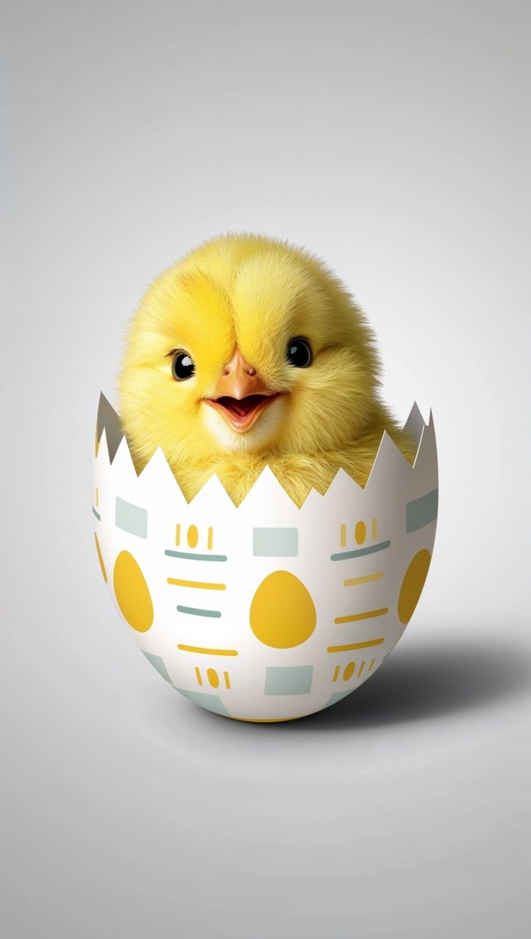 Happy yellow chick hatching from an Easter egg with a smile and wide-open eyes.