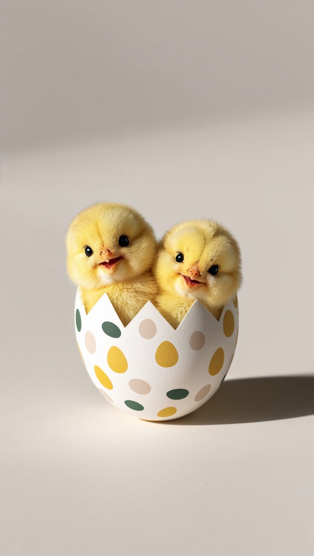 Photorealistic image of two yellow baby chicks inside a polka-dotted Easter egg against a plain background.