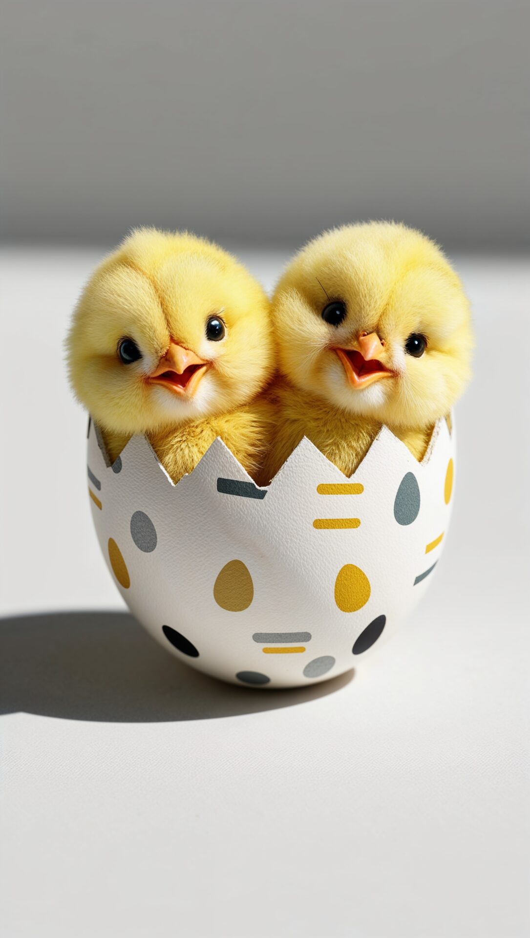 Two baby chicks in a modern-patterned Easter egg on a white surface with soft light and shadows.