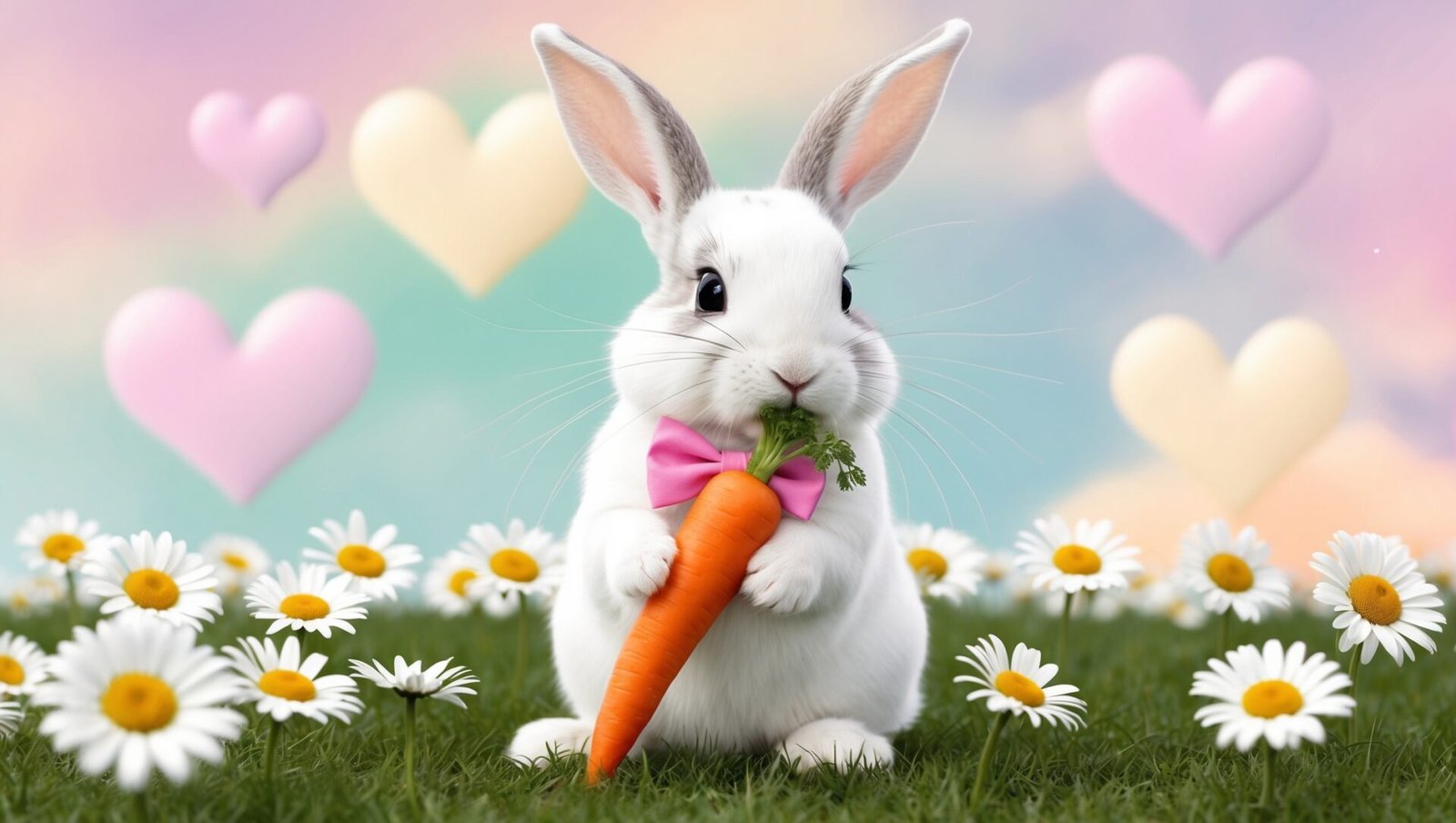 Cute white rabbit with a pink bow tie holding a carrot, surrounded by daisies and hearts on a pastel Easter background.