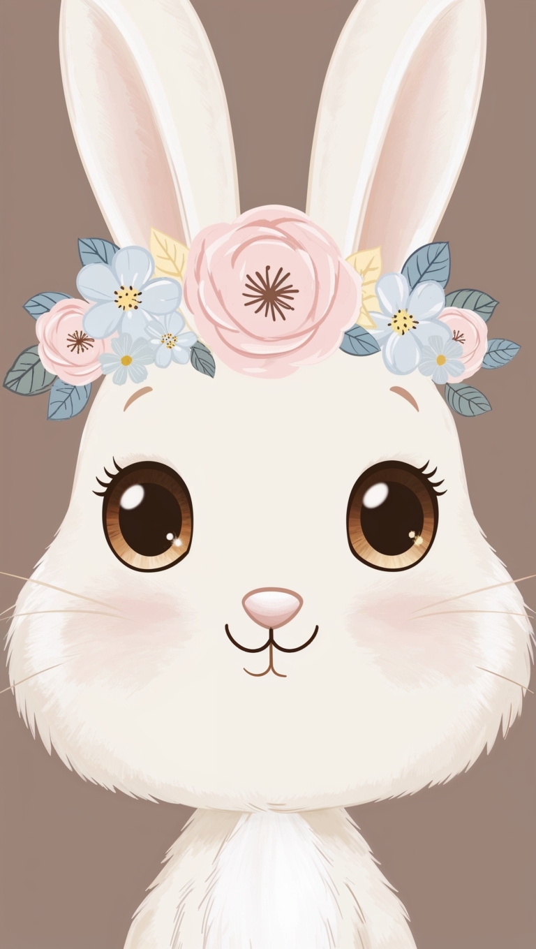 Cute Cartoon Rabbit with Flower Wreath in Flat Style