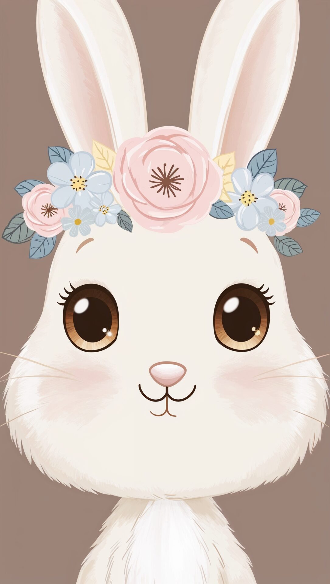 Cute white rabbit with big eyes and a flower wreath, in a simple flat-style illustration on a brown pastel background.