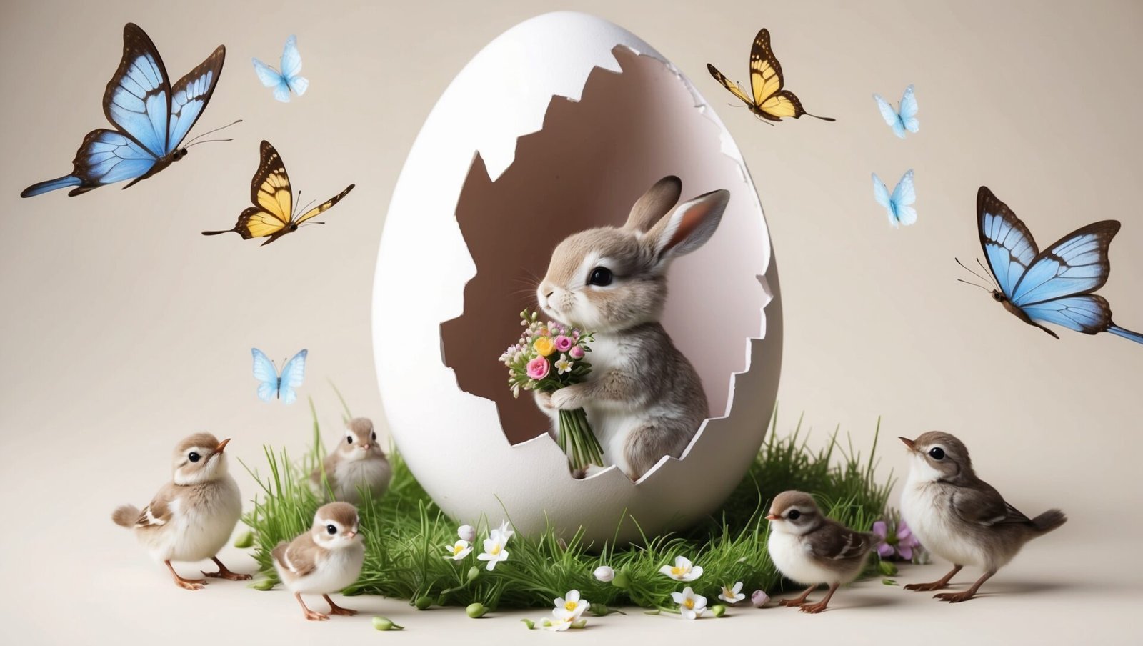 Gray rabbit holding flowers inside a cracked Easter egg, surrounded by butterflies and baby chicks, set against a beige background.