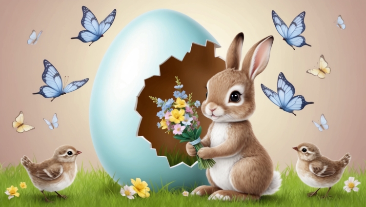 Cartoon-style Easter bunny holding flowers, emerging from an open blue egg with butterflies and chicks in the background.