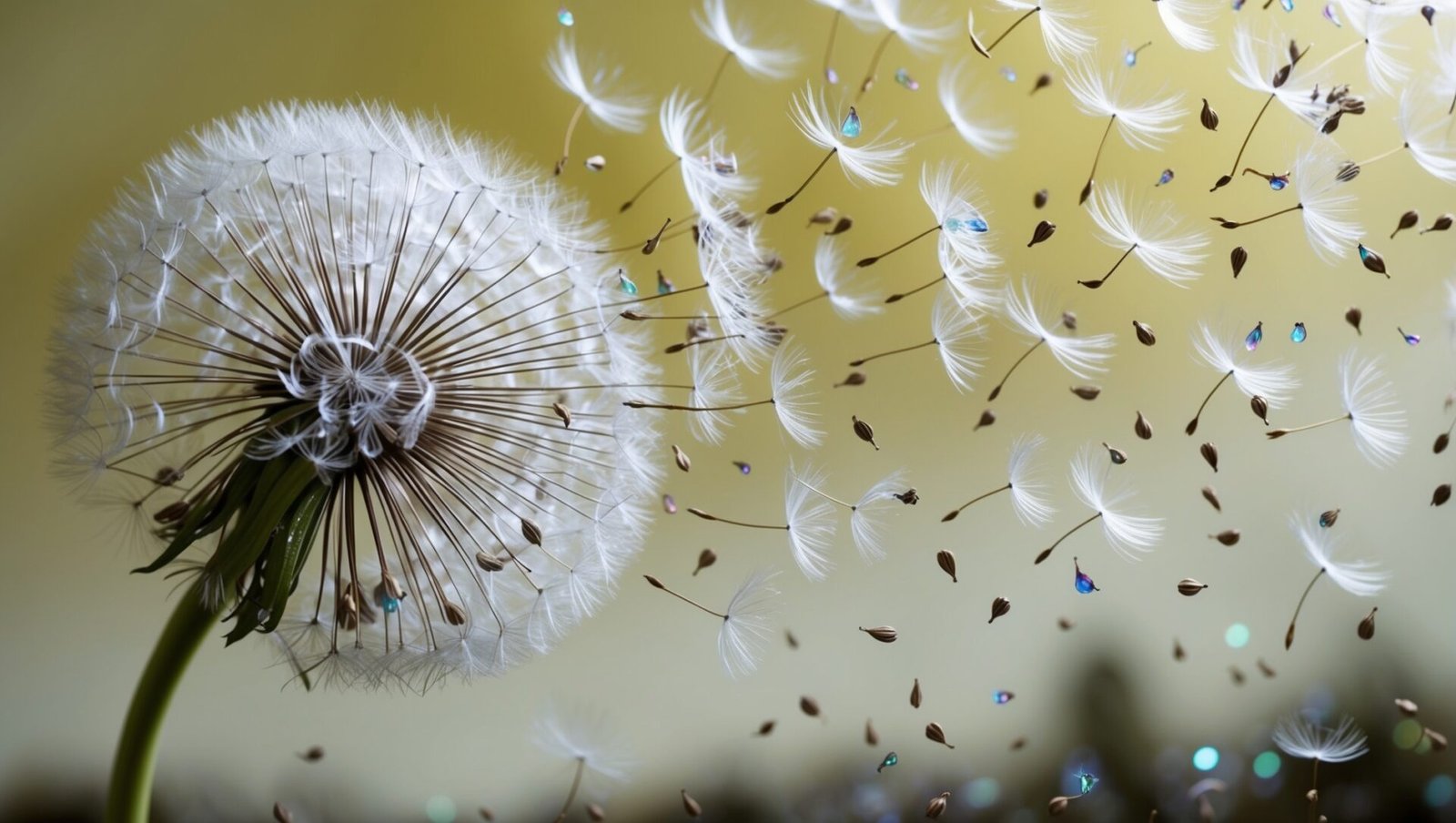 Dandelion seeds blowing away in the wind, symbolizing freedom, with fluffy petals dancing in the breeze.