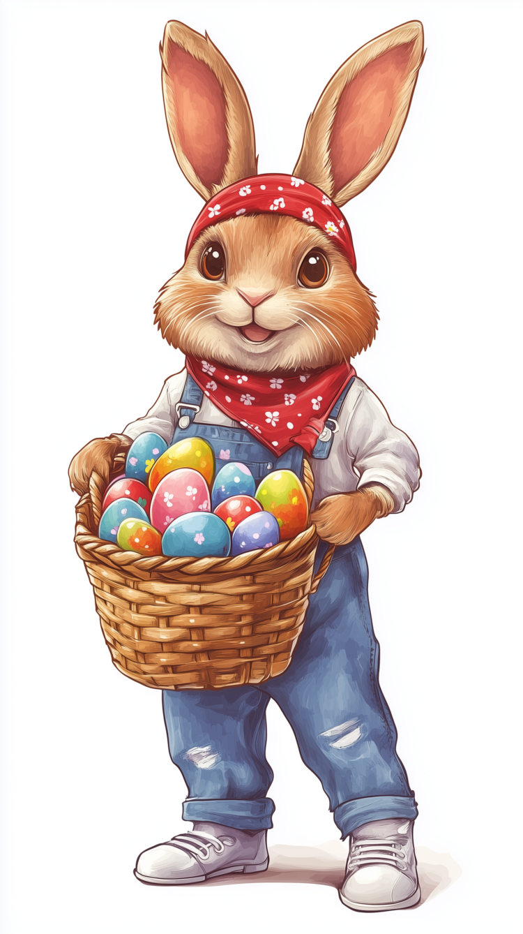 Happy Easter bunny in blue jeans and a red bandana, holding a basket of colorful eggs, on a white background.