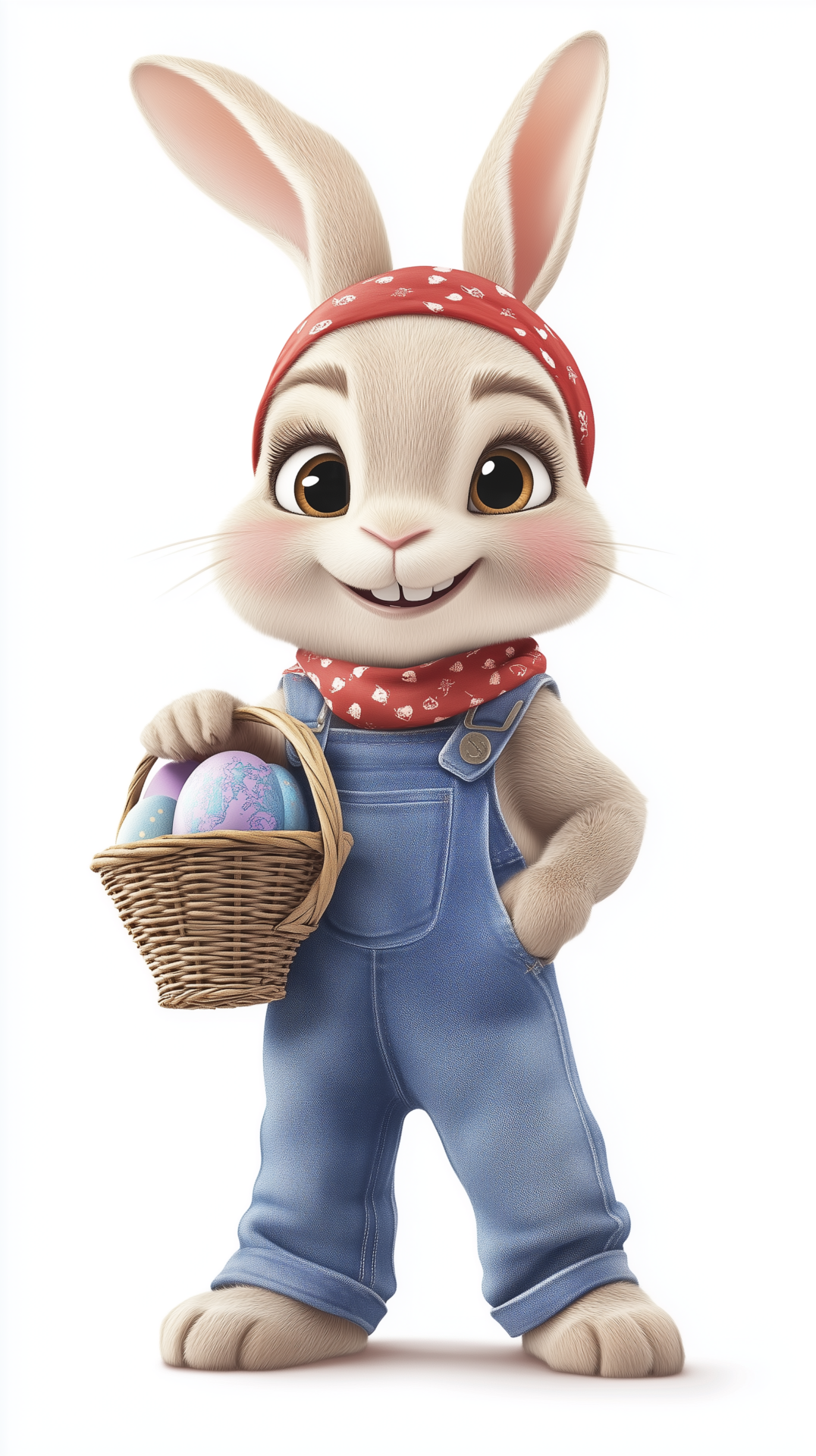 Smiling female Easter bunny in overalls and a red headband, holding a basket of Easter eggs on a white background.