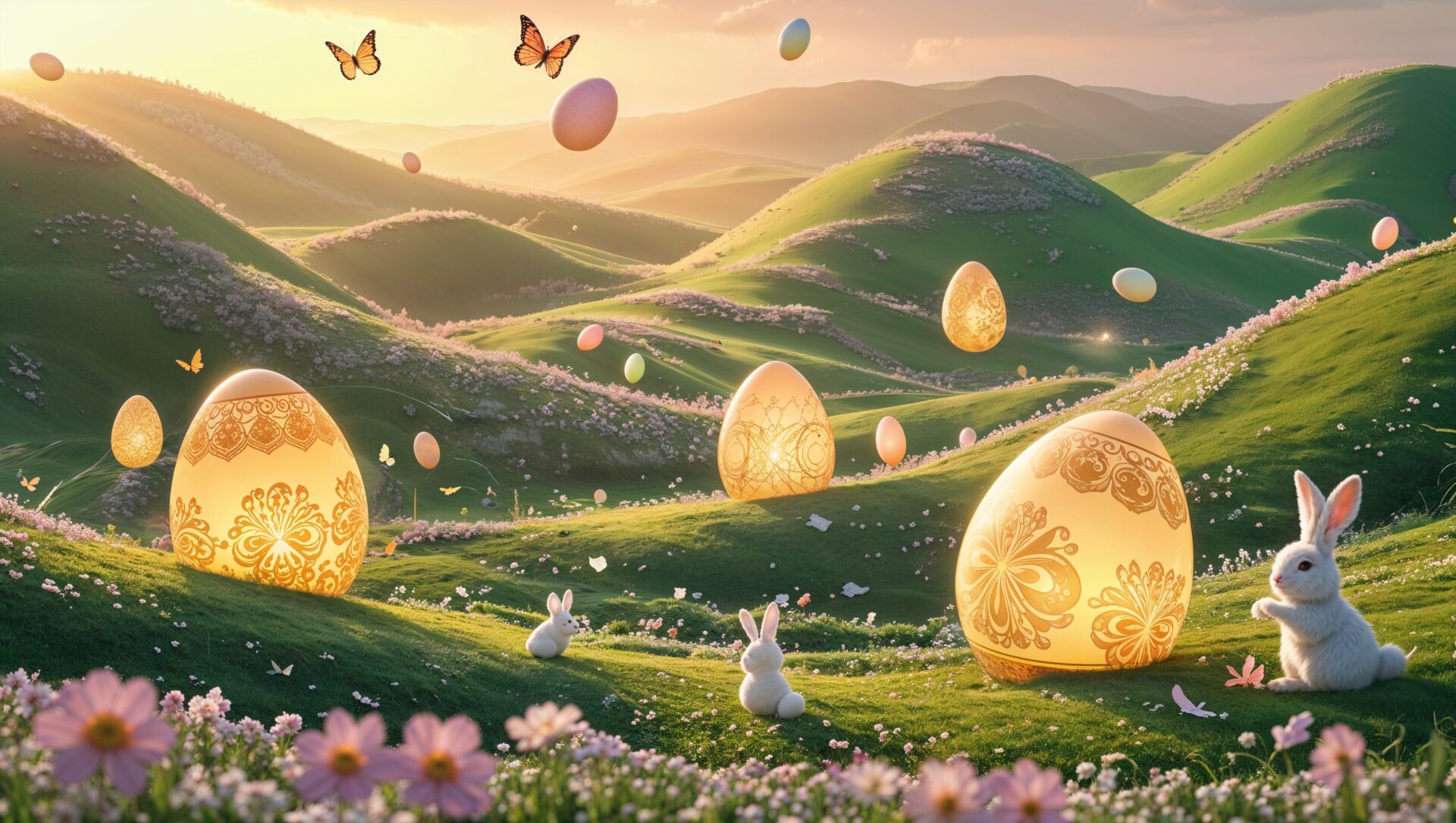 3D rendering of Easter eggs with golden patterns, butterflies, bunnies, and flowers, creating a soft Easter atmosphere.