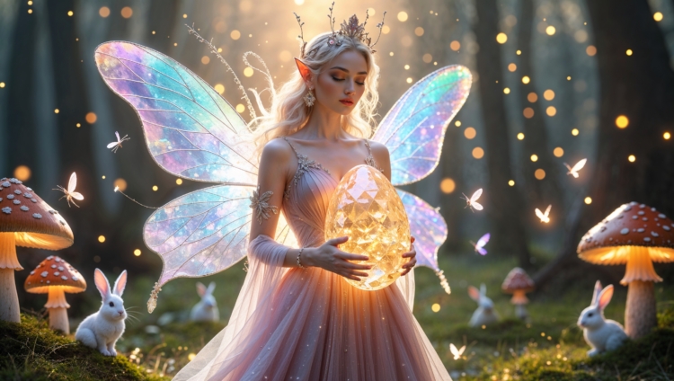 Fairy with transparent wings holding an amulet, surrounded by glowing mushrooms and flying white rabbits in a fantasy setting.