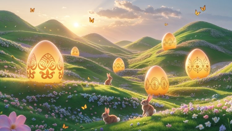 Landscape with green hills, flowers, butterflies, 3D Easter egg with bunnies, golden glow, and scattered Easter eggs.