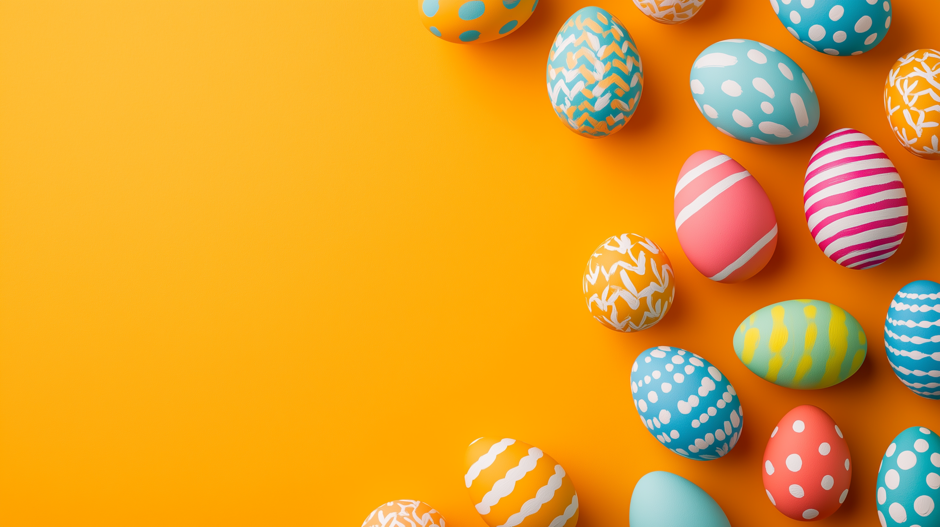 Colorful Easter eggs with patterns on an orange background in a flat lay style, with copy space.