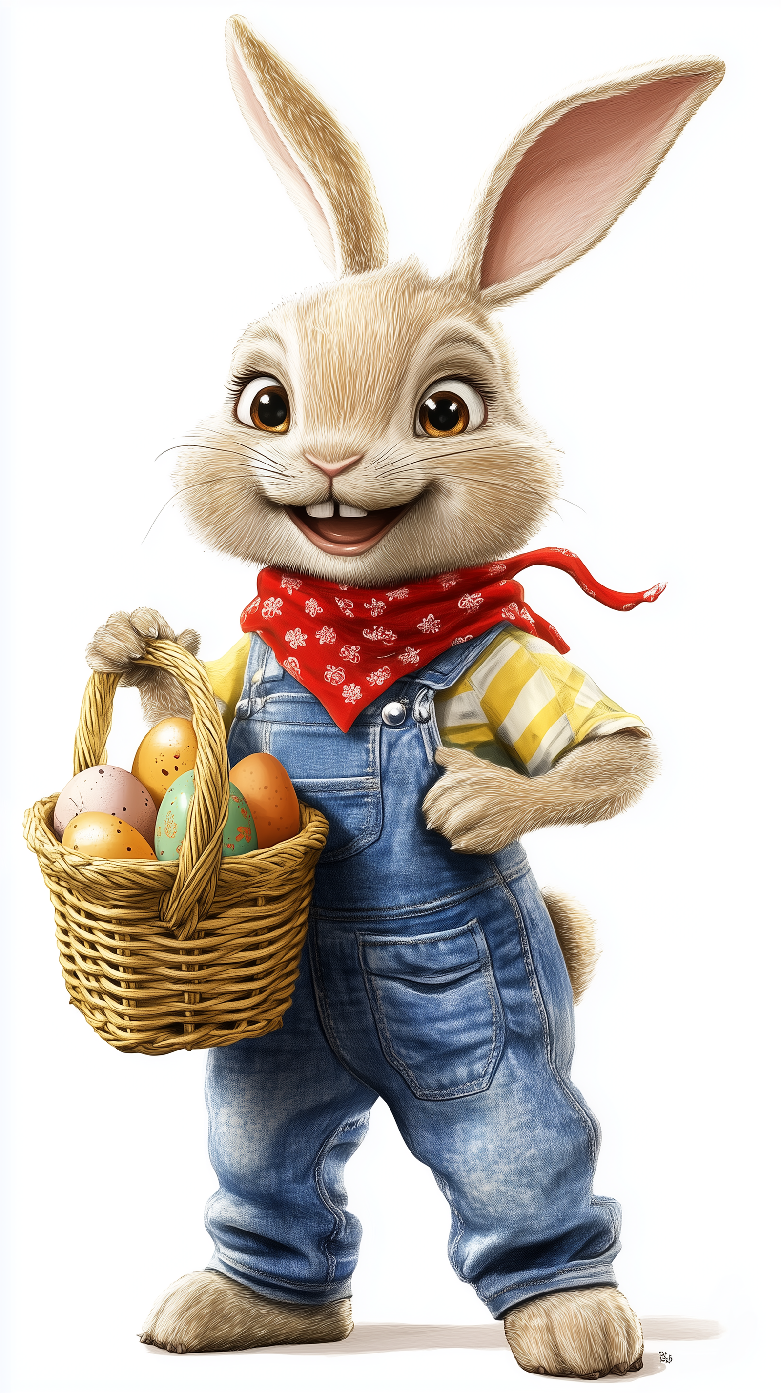 Smiling Easter bunny in jeans, yellow-striped shirt, and red bandana, holding an Easter basket full of eggs on a white background.