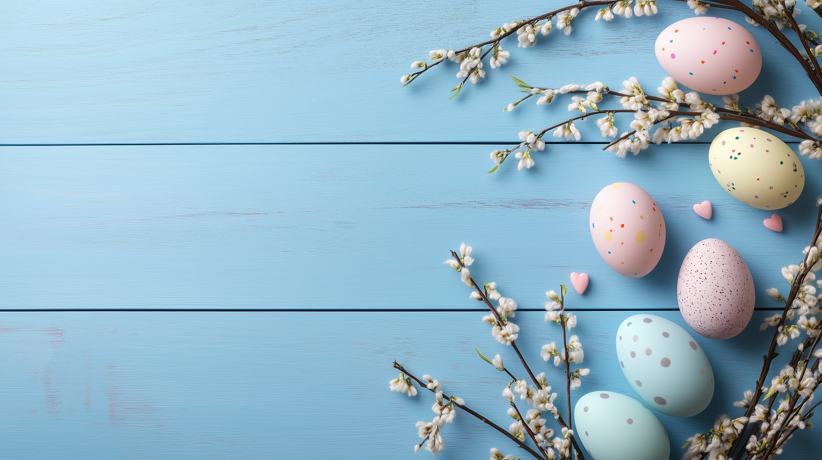 Pastel Easter eggs and willow branches on a blue wooden table with copy space.