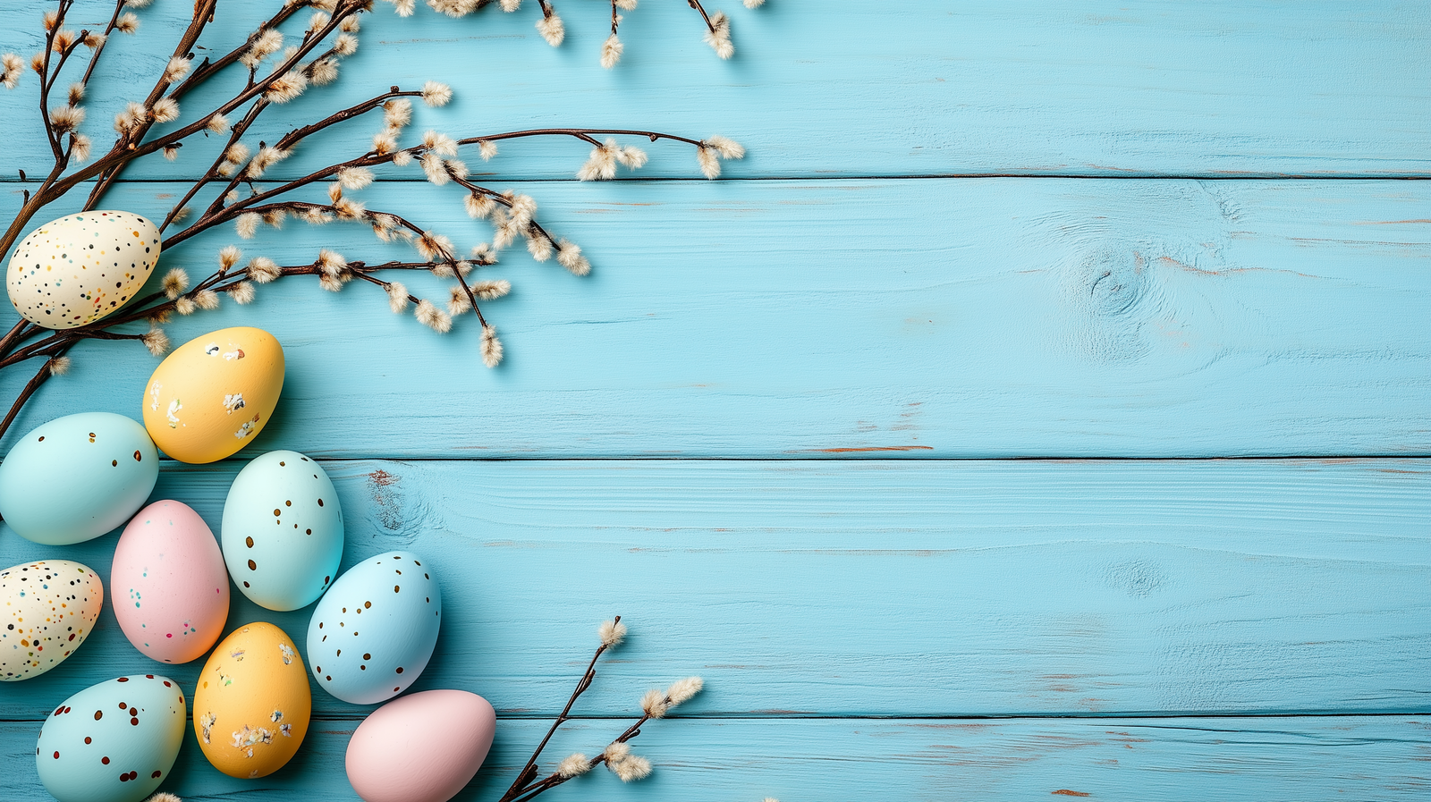 Pastel Easter eggs and willow branches on a blue wooden table, flat lay with copy space.