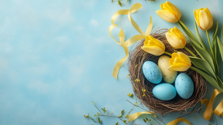 Yellow tulips, blue eggs in a bird's nest, and a ribbon on a pastel background, top view with copy space.