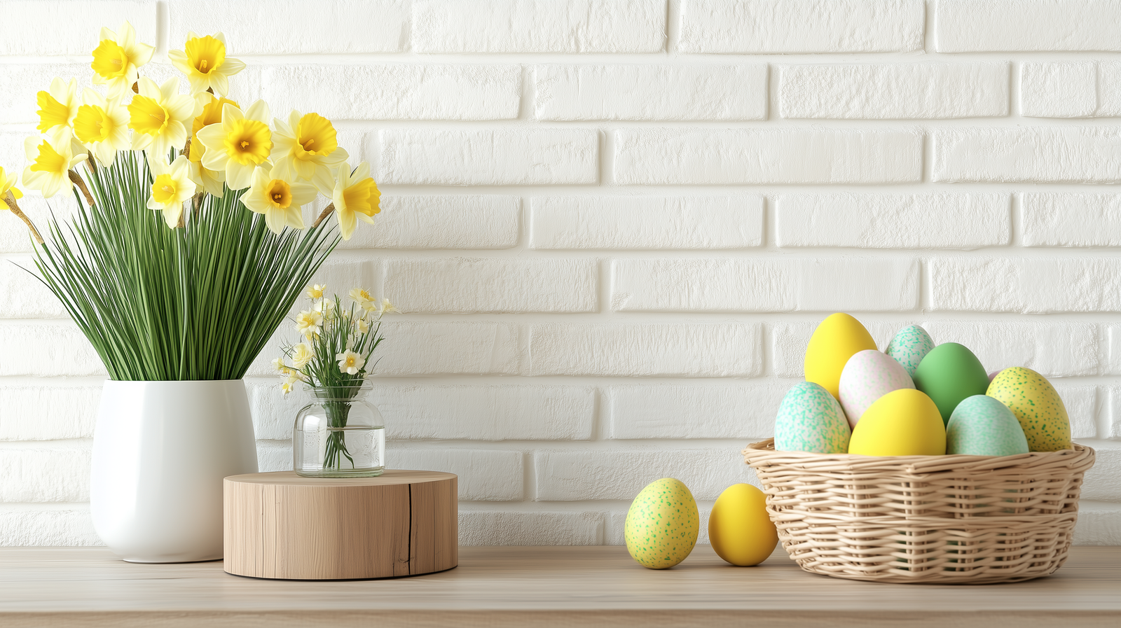 Colorful eggs in a basket on a wooden table with flowers and a vase against a white brick wall.