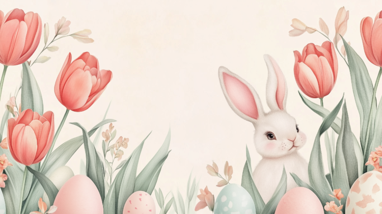 Pastel Easter eggs, tulips, and a cute bunny illustration on a beige background with white space.