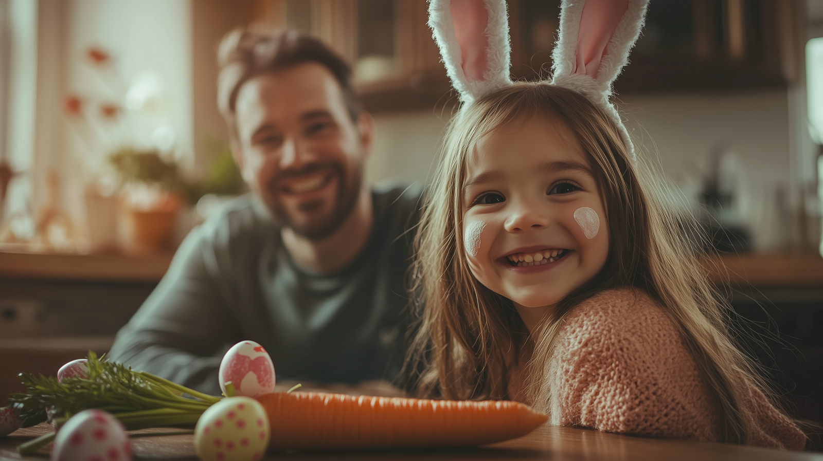 Smiling girl with bunny ears and painted face sits at a table with Easter eggs, her father smiling behind her.