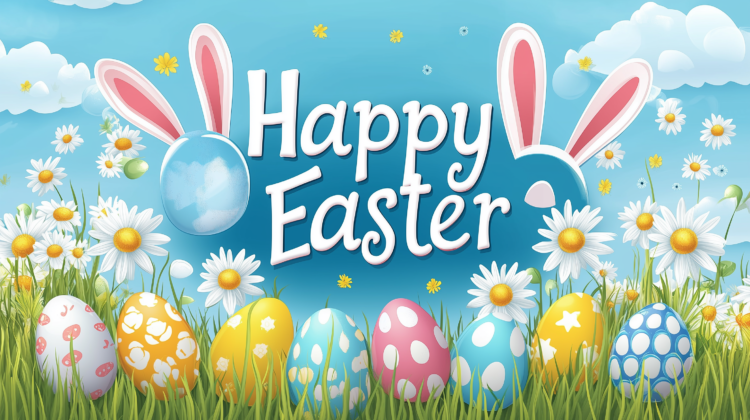 Happy Easter text with colorful eggs, bunny ears, and daisies on a blue sky grass landscape.