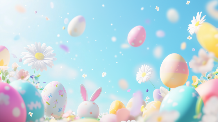 3D Easter eggs, rabbits, and daisies floating in a pastel blue sky with white space on top.