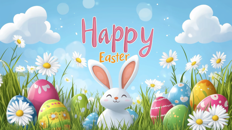 Happy Easter card with a cartoon bunny, colorful eggs, daisies, and a blue sky background.