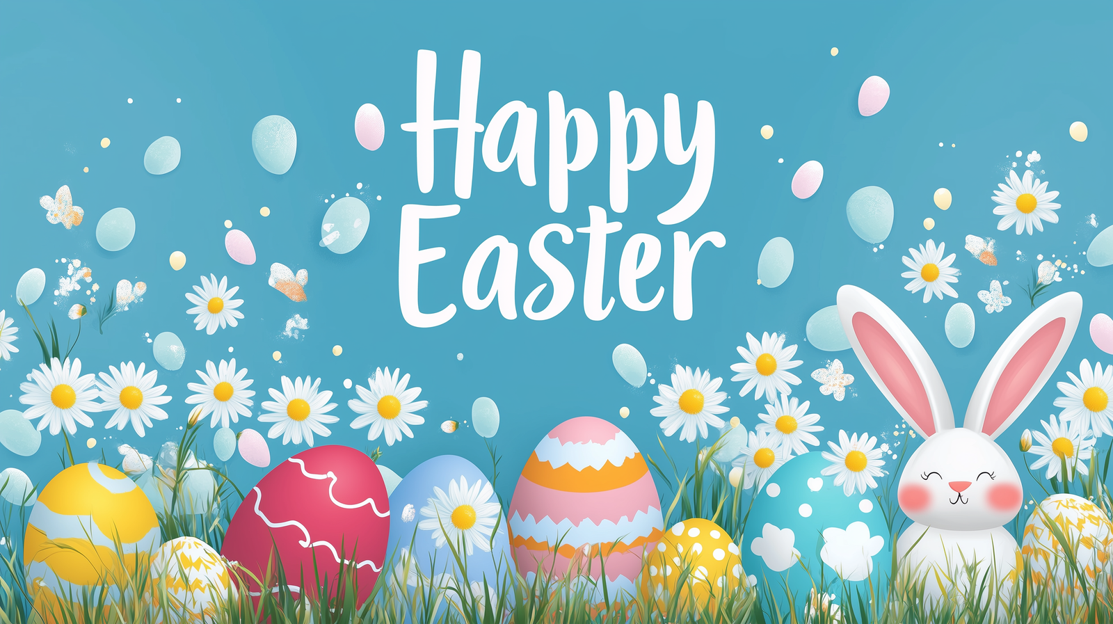 Easter banner with colorful eggs, bunny ears, and daisies on a blue background.