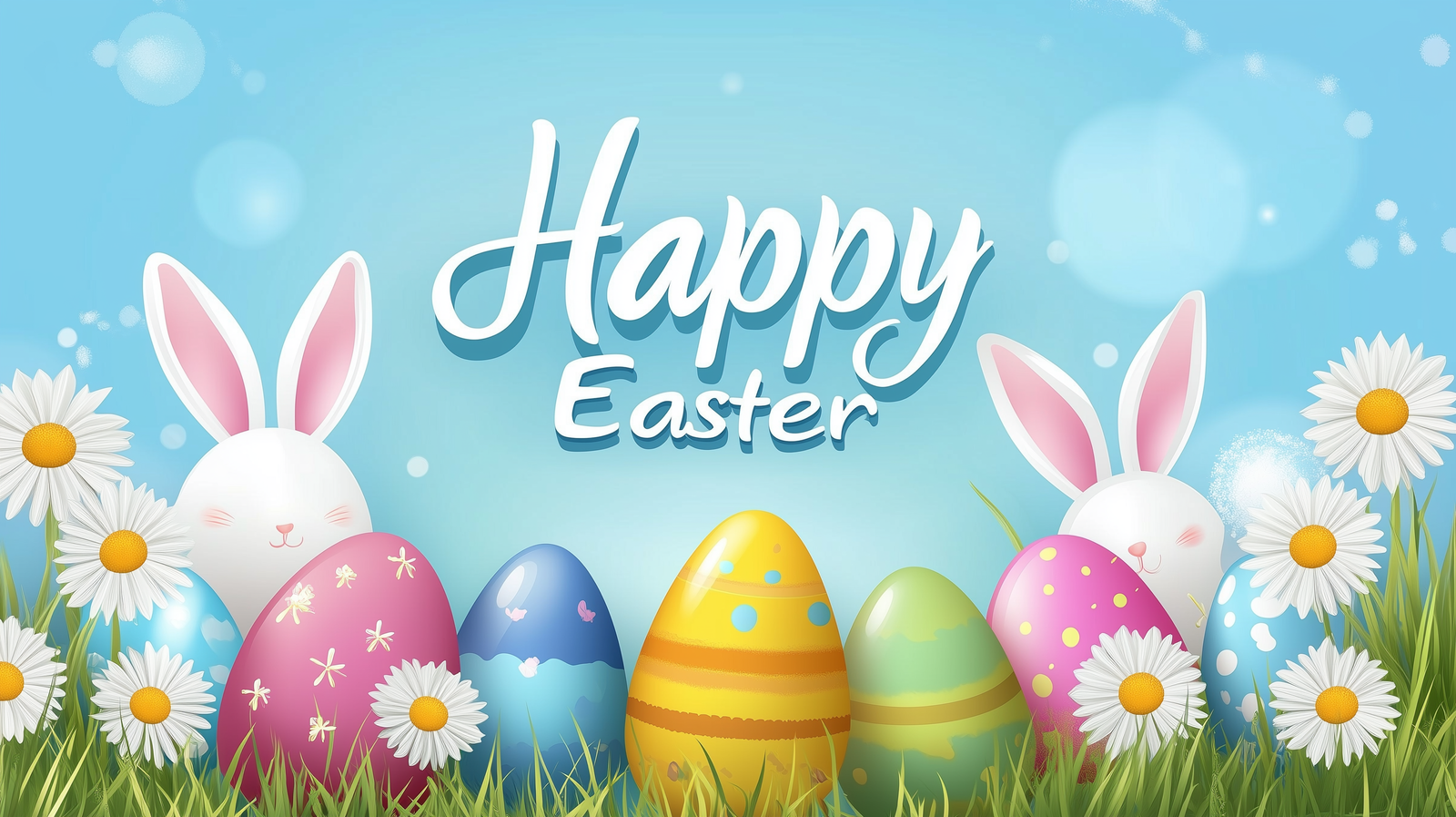 Happy Easter background with colorful eggs, bunny ears, daisies, and "HAPPY EASTER" text on a blue sky.