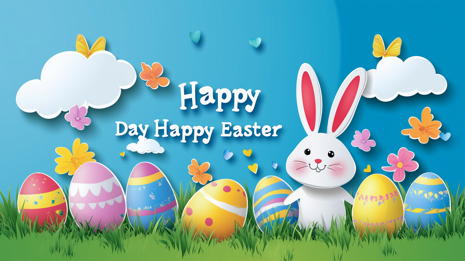 Happy Easter Day background with eggs, bunny, and text in a paper cut-style on a blue sky.