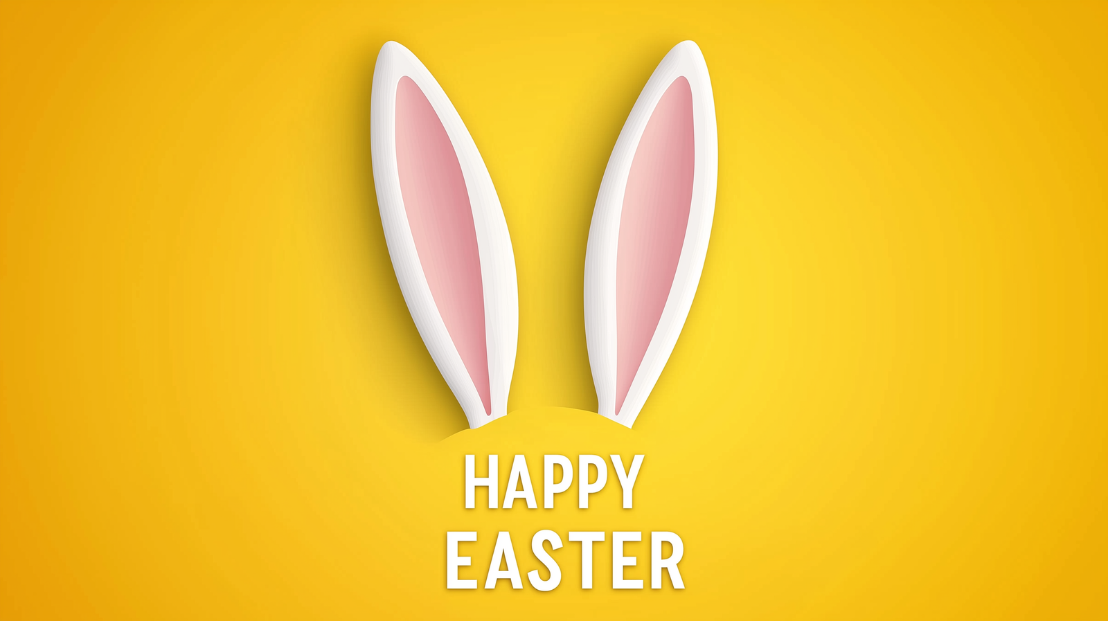 Minimalistic Easter banner with white bunny ears, yellow background, and "HAPPY EASTER" text.