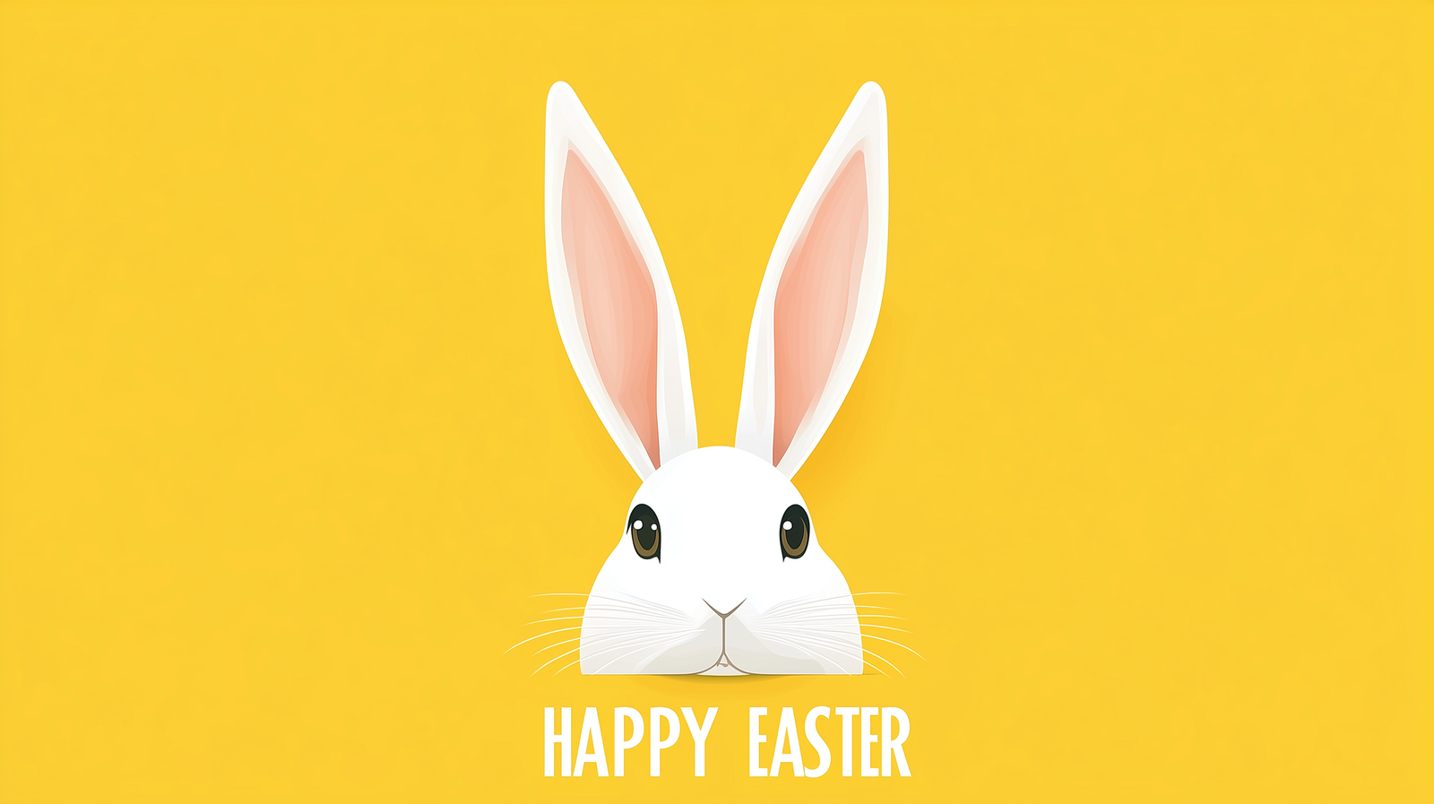 Cute white rabbit head with long ears on a yellow background, "Happy Easter" text at the bottom.