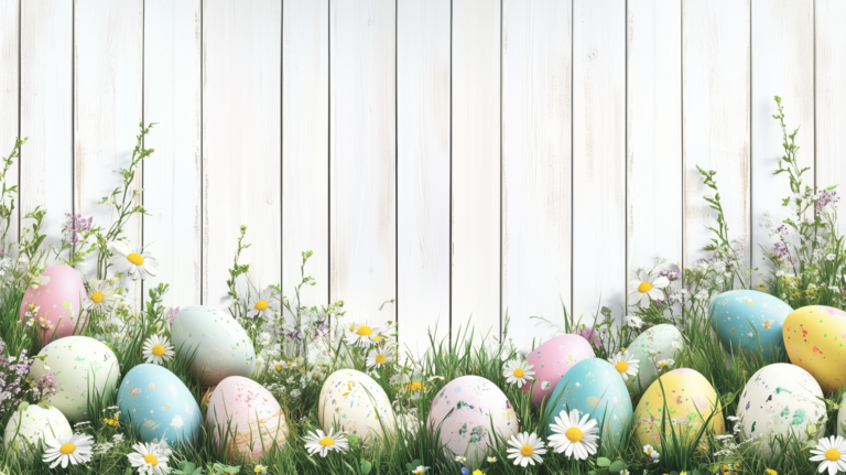 Festive Easter Scene with Grass and Wooden Wall